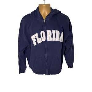 Y2K Bluewater Beach Tourist Zip Hoodie Embroidered Block Letter Pockets Navy XL